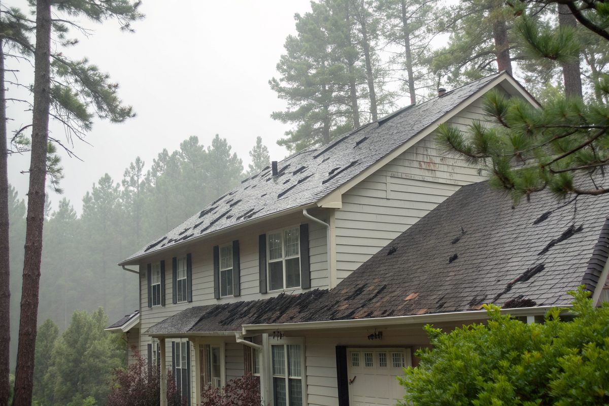 A two-story house under tall pines with a worn shingle roof showing streaks and missing pieces