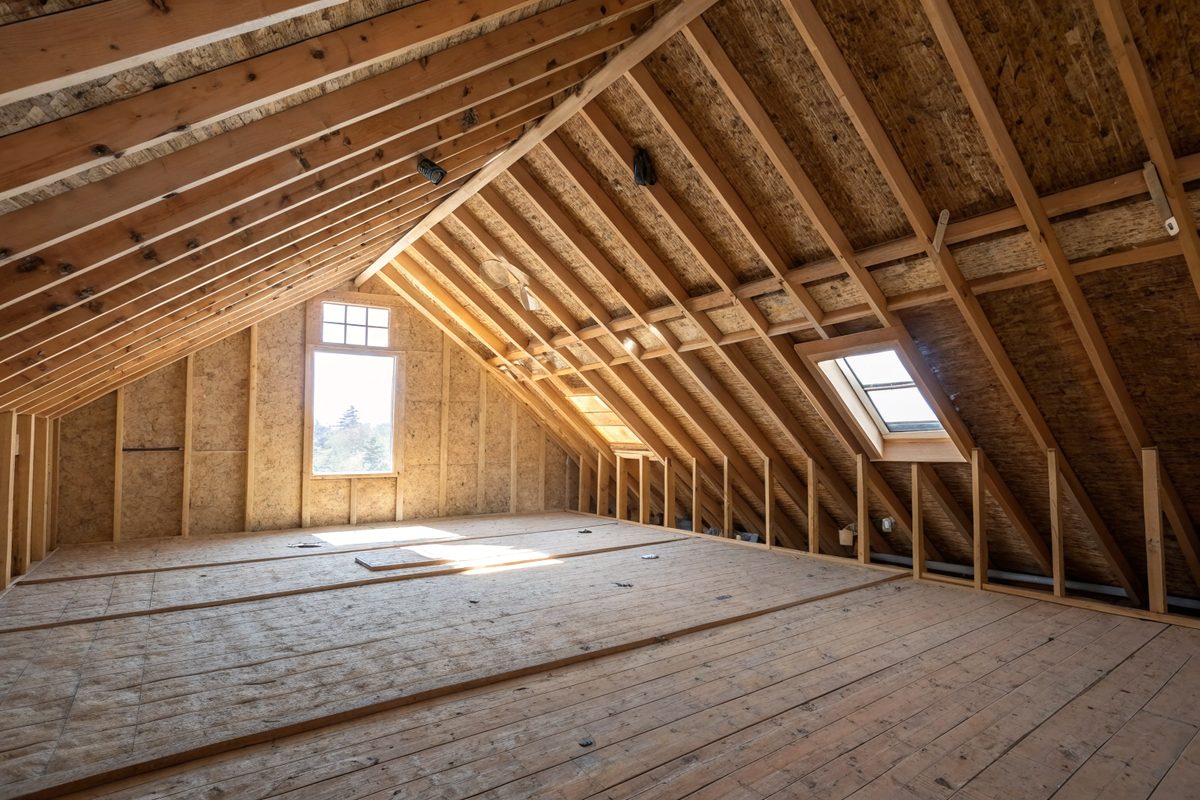 An attic with wood trusses, roof decking and light coming through a skylight and gable window