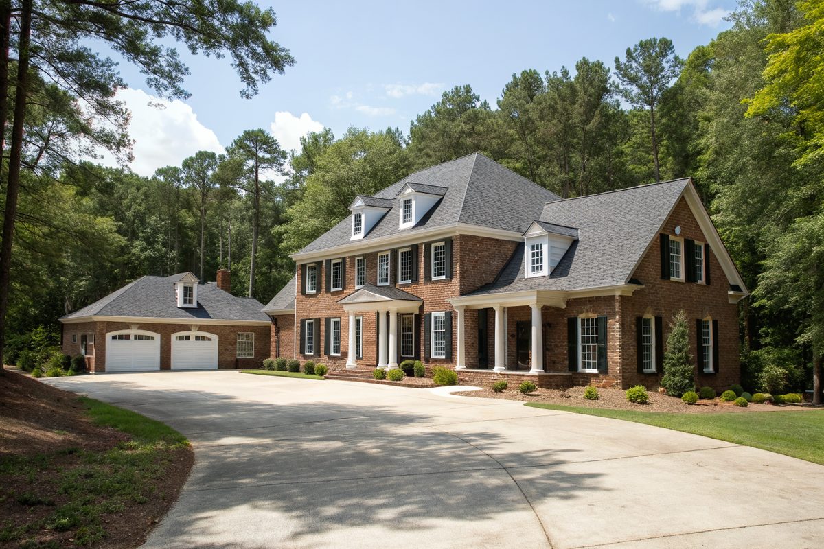 A large two-story brick home with a new gray shingle roof and dormers on a wooded lot