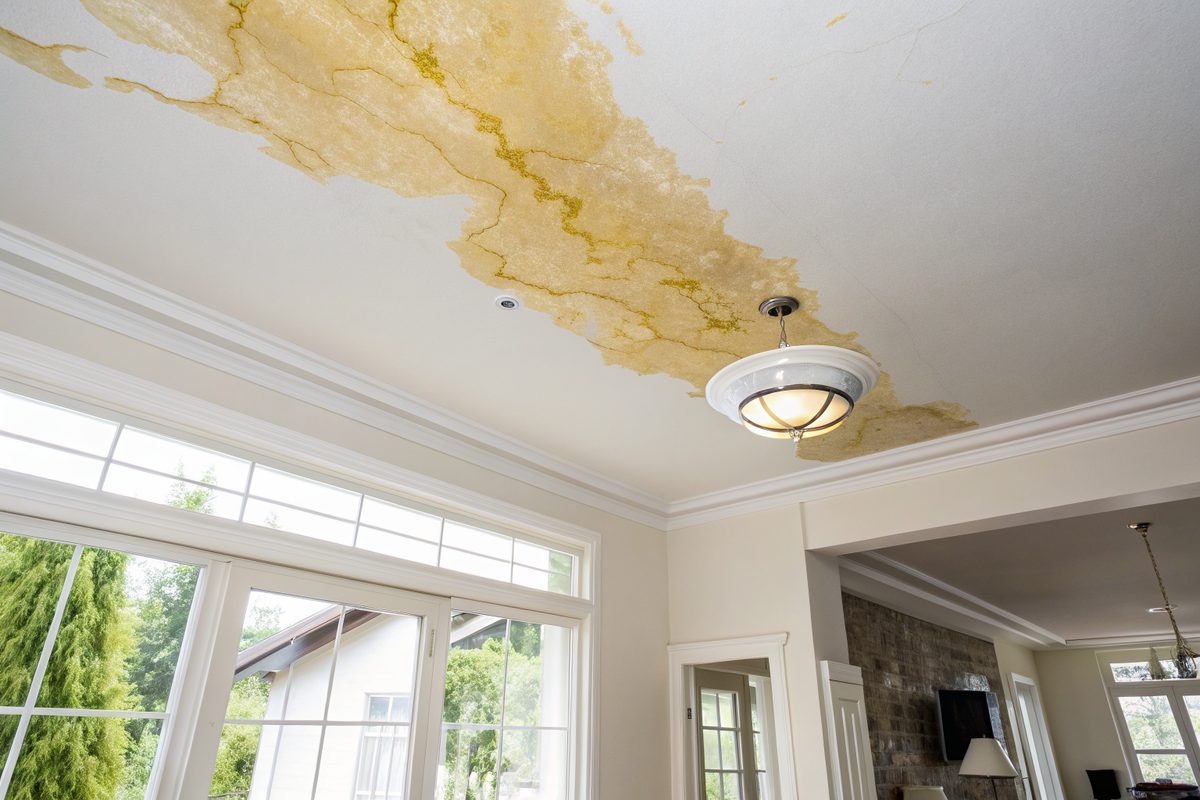 A yellow-brown water stain spreading across a living room ceiling around a light fixture