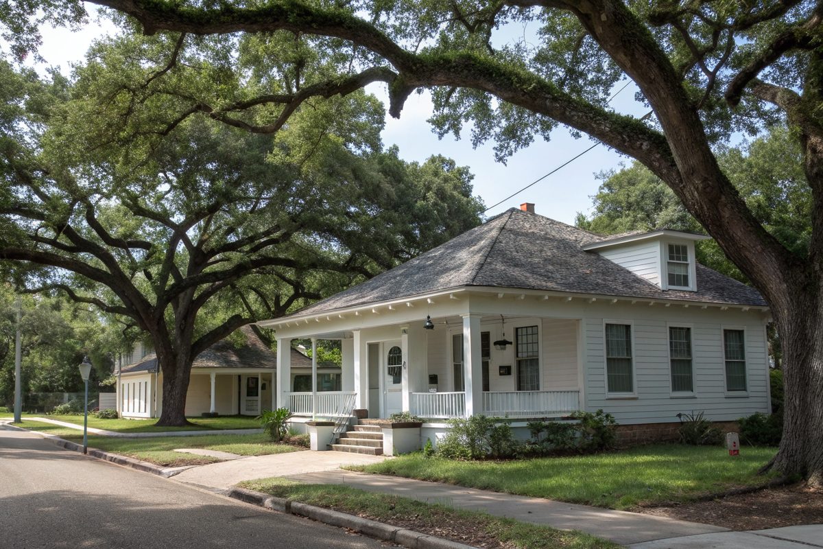 A white bungalow with a front porch and gray shingle roof under big oak trees on a small-town street