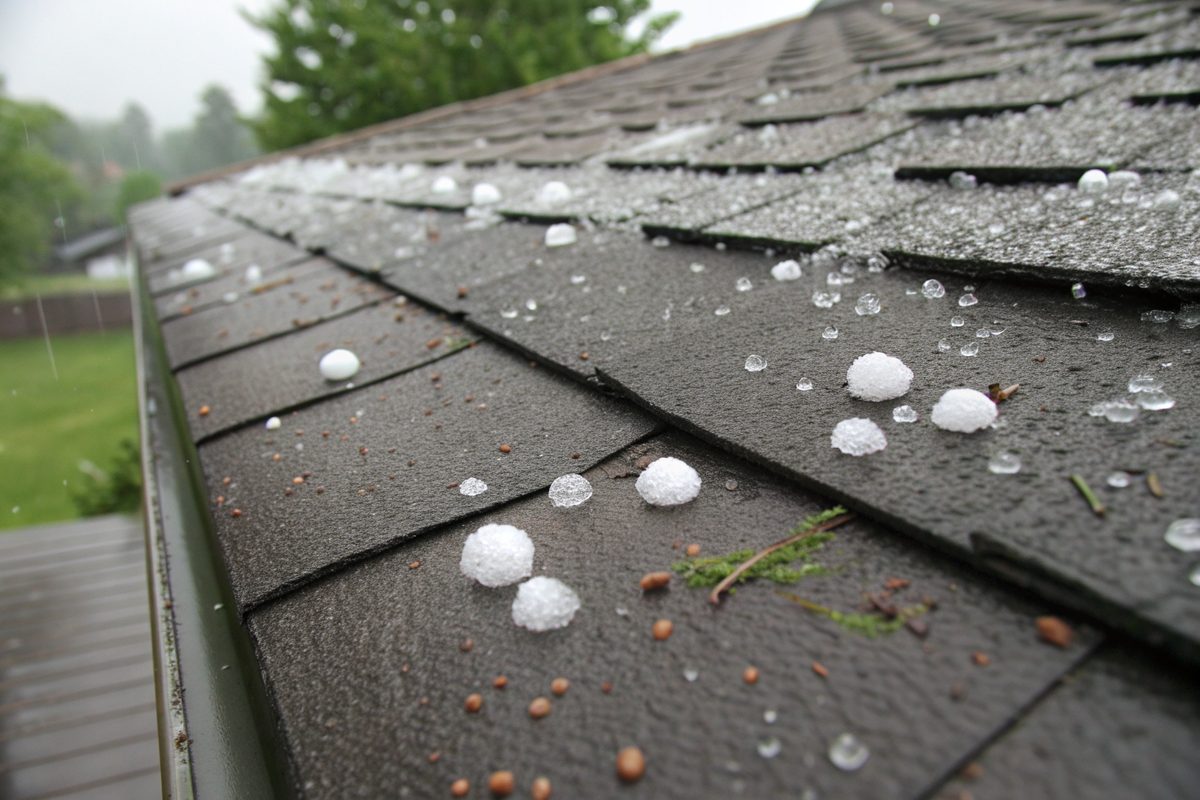 Small hailstones scattered across wet dark gray shingles after a storm