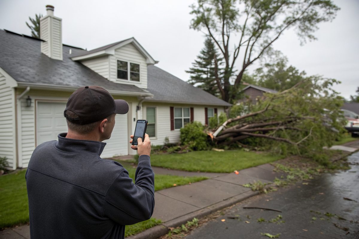 A man photographing storm damage on his house with a phone, with a fallen tree in the yard