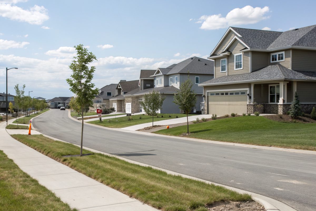A curving new-construction street of two-story homes with young trees and gray shingle roofs