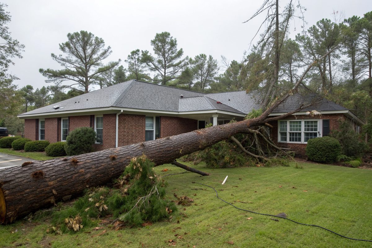 A fallen pine tree lying across the roof of a brick ranch house after a storm