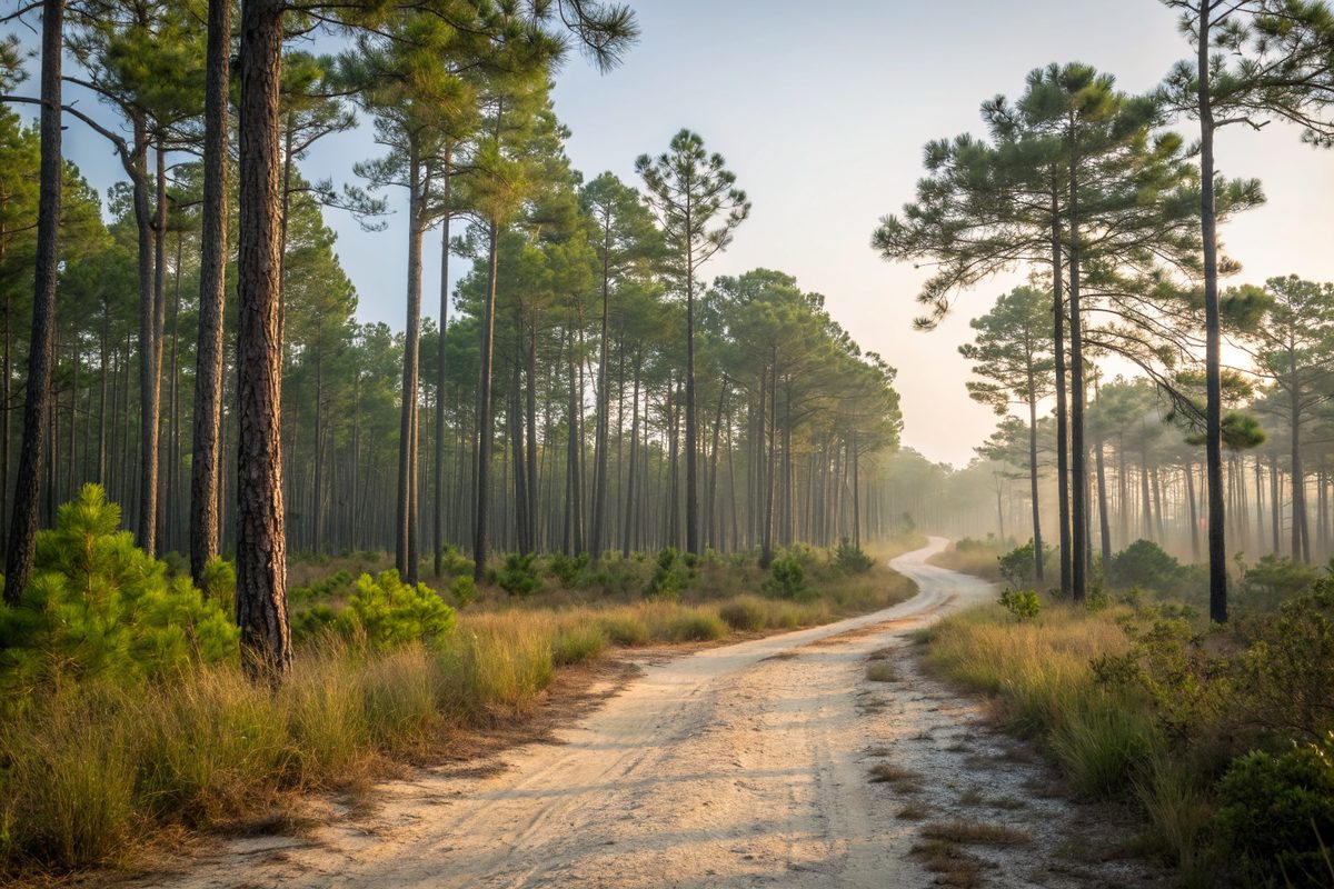 A sandy path through tall pine woods in soft morning light