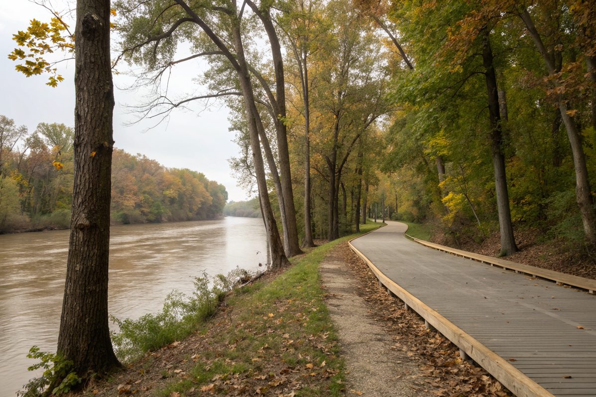 A paved riverside trail and boardwalk along a brown river under hardwood trees
