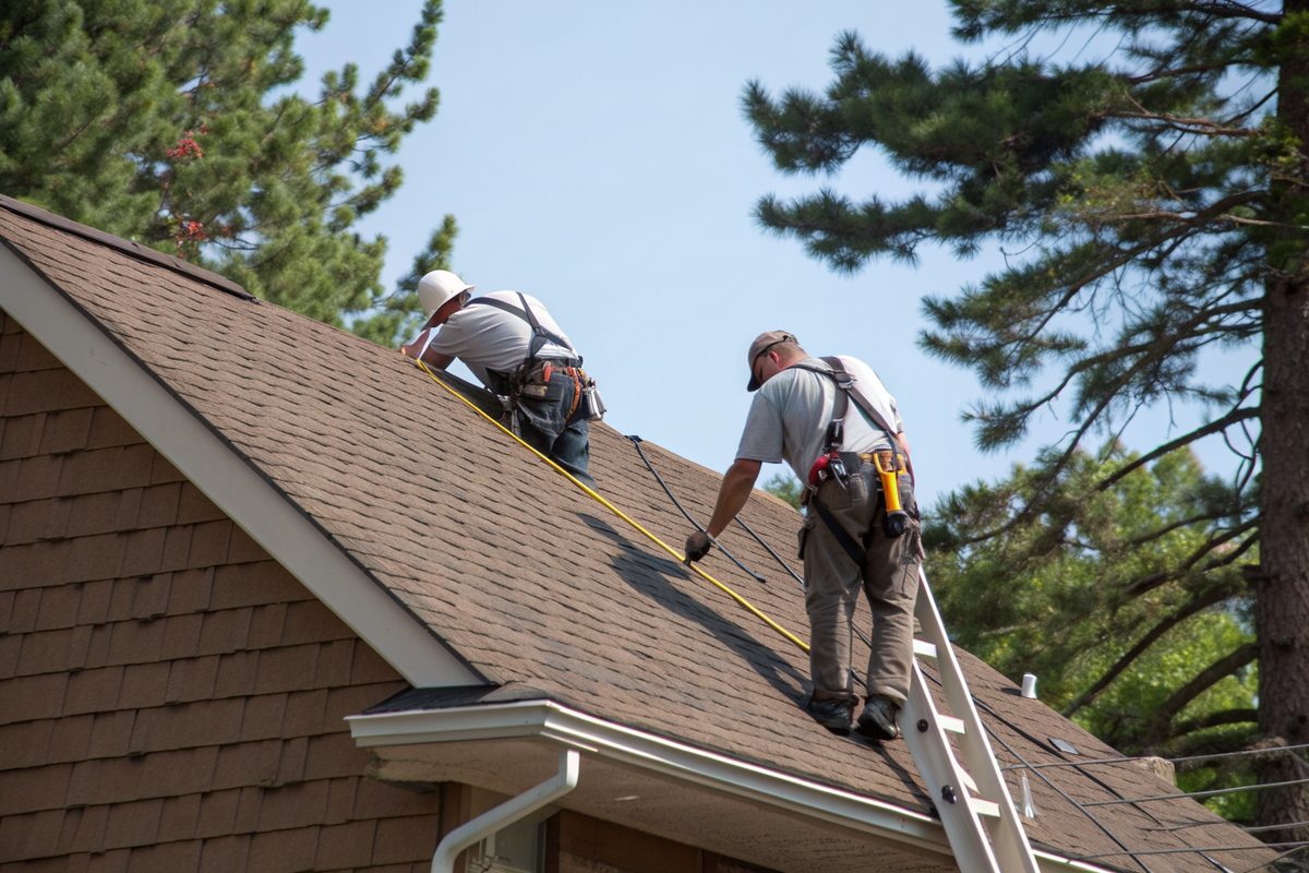 Two roofers in safety harnesses laying new brown shingles beside pine trees