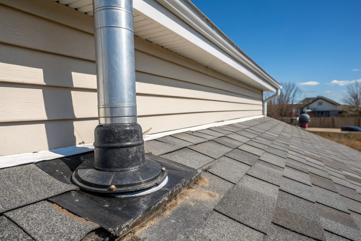 A pipe boot and flashing where a shingle roof meets a sidewall