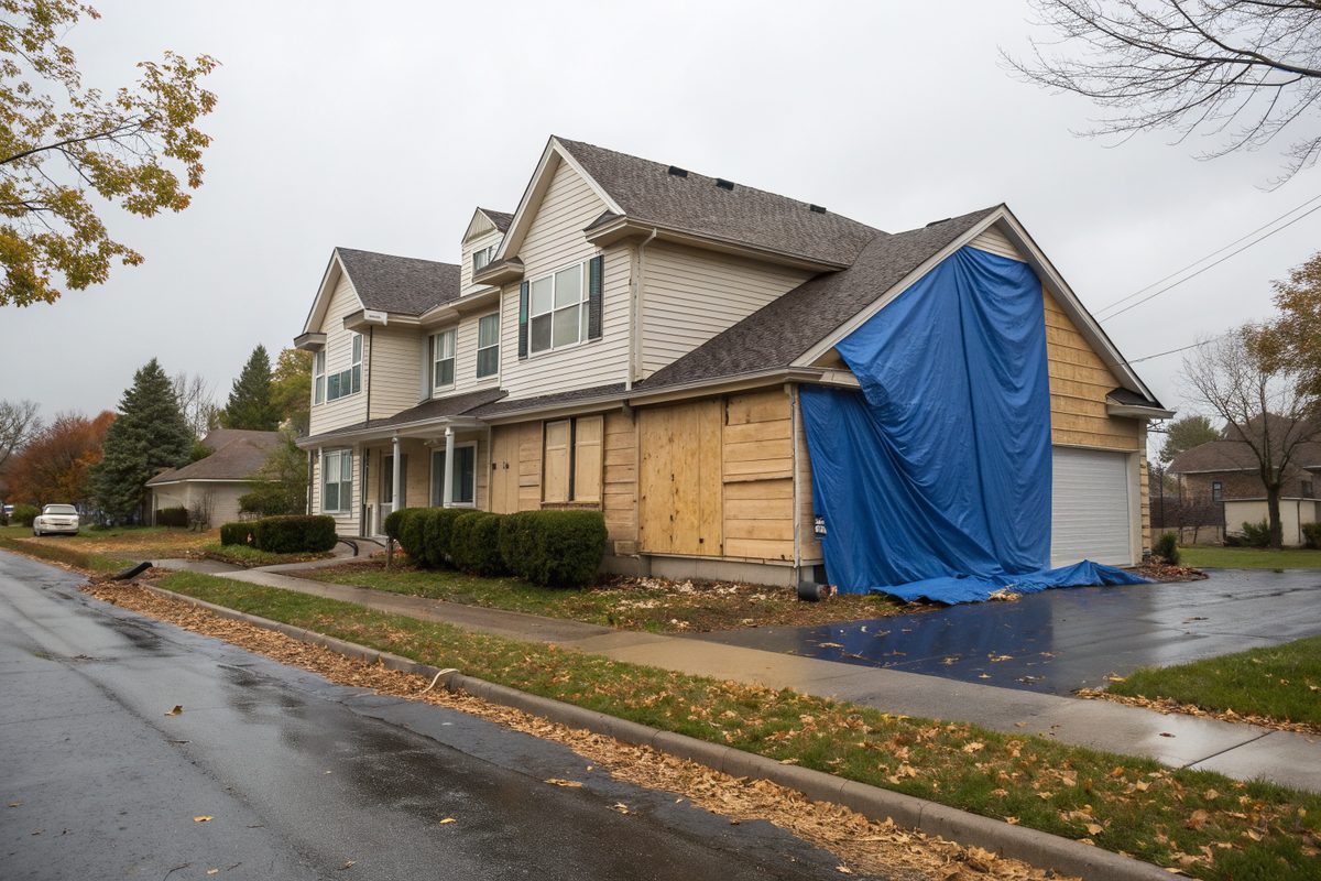 A blue tarp over a damaged section of a two-story home's roof after a hurricane