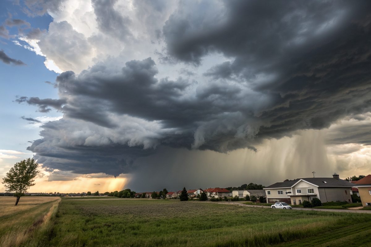 A summer thunderstorm with a dark rain shaft over a field at the edge of a neighborhood