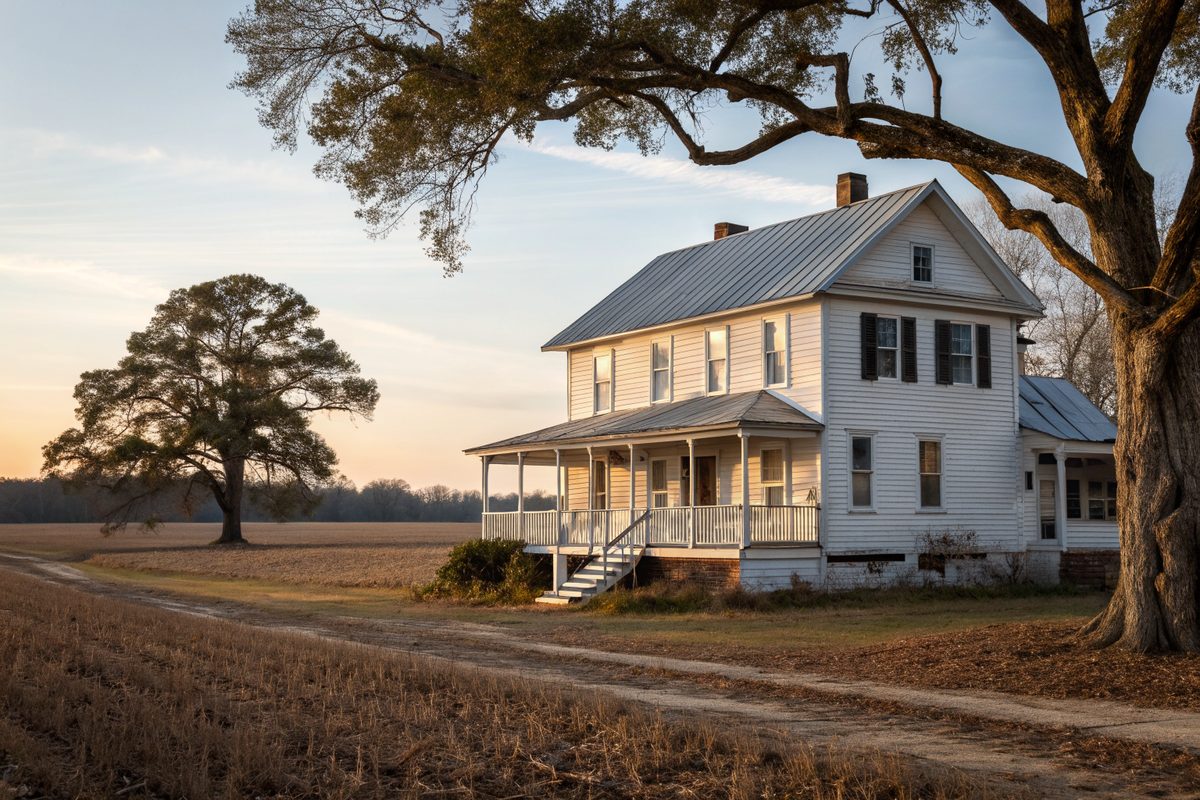 An old two-story farmhouse with a silver metal roof and a porch beside a field at sunset