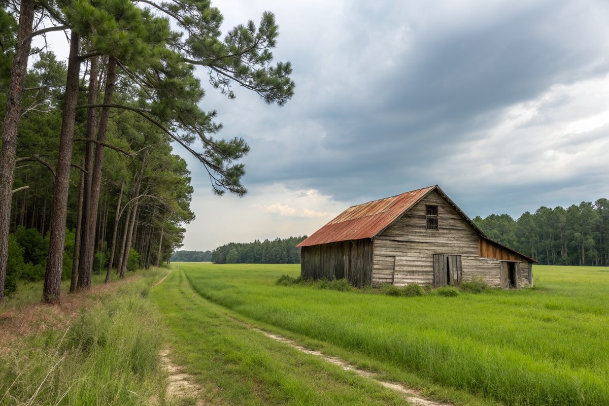 An old wooden barn with a rusty metal roof beside a green field and pine woods
