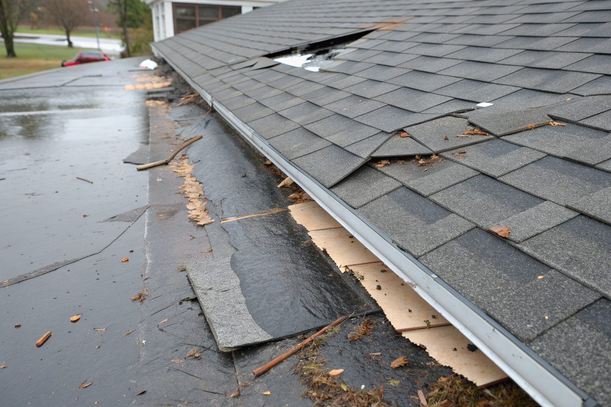 Storm-torn gray shingles along a roof edge with the underlayment showing
