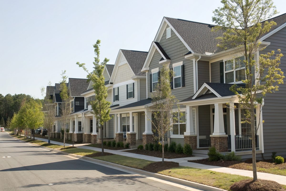 A row of new two-story townhomes with matching charcoal shingle roofs and front porches