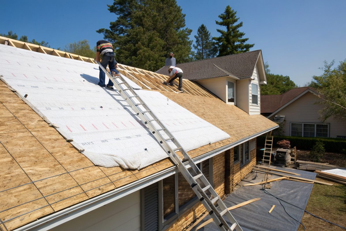 A roof stripped to decking with white synthetic underlayment rolled out and a ladder at the eave
